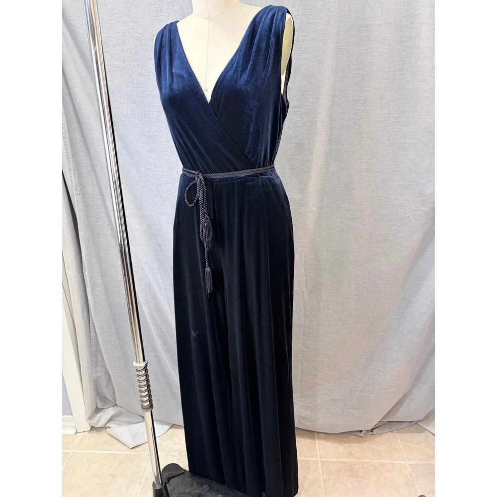 Eliza J Navy Velvet Wide Leg Formal‎ Jumpsuit Tassel Belt Size 12
